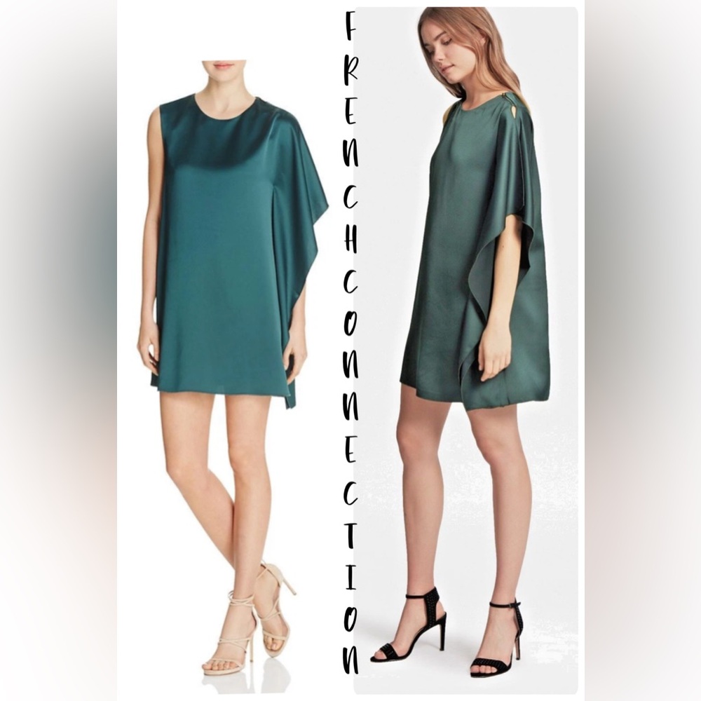 French Connection Sasha Satin Asymmetrical Shift Dress Pine Green 8